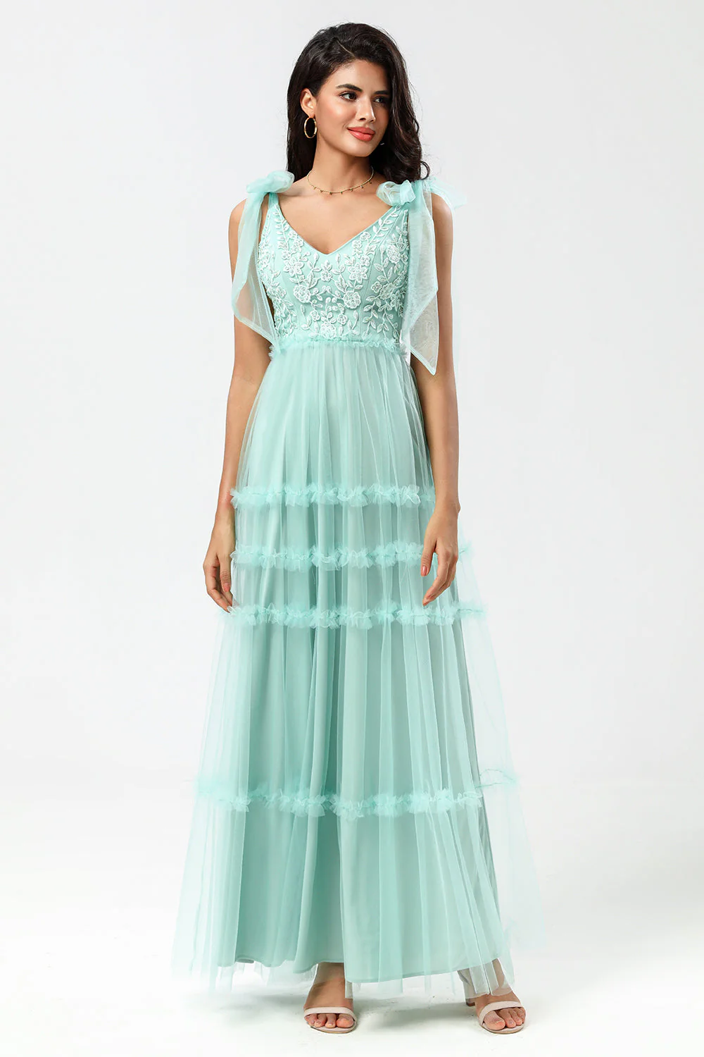 Gardienne de mon cœur Robe de demoiselle d'honneur longue trapèze à col en V rose poussiéreux avec perles - Image 8