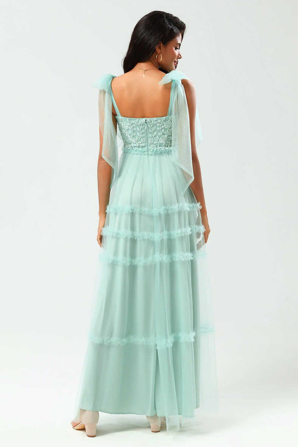 Gardienne de mon cœur Robe de demoiselle d'honneur longue trapèze à col en V rose poussiéreux avec perles - Image 9