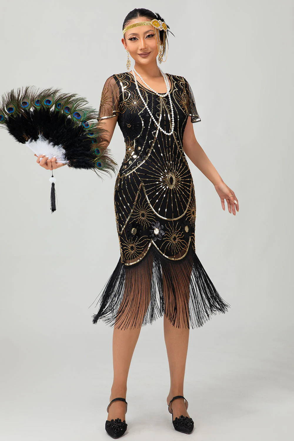 Gatsby Robe moulante à franges noires et rougesAnnées 1920 avec paillettes - Image 11