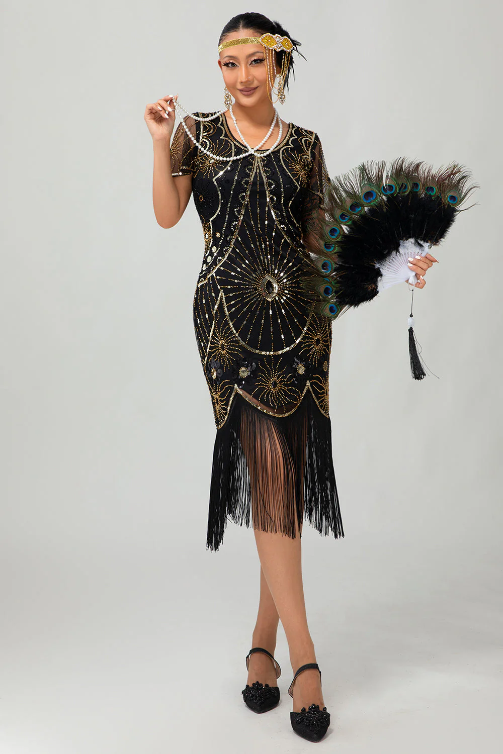 Gatsby Robe moulante à franges noires et rougesAnnées 1920 avec paillettes - Image 13