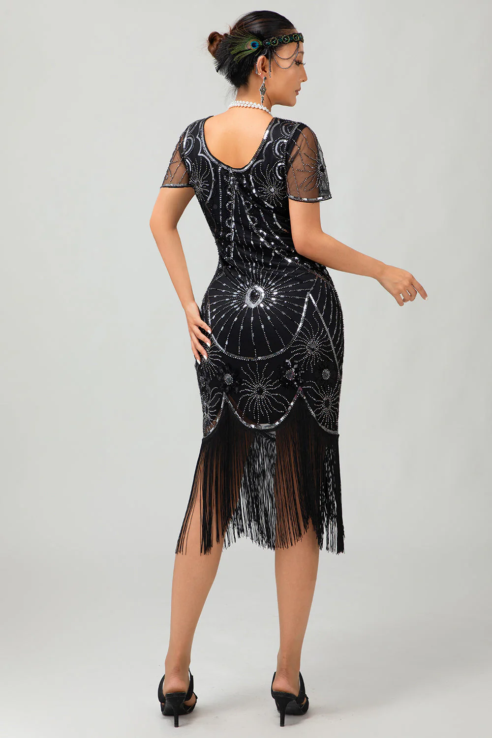 Gatsby Robe moulante à franges noires et rougesAnnées 1920 avec paillettes - Image 17