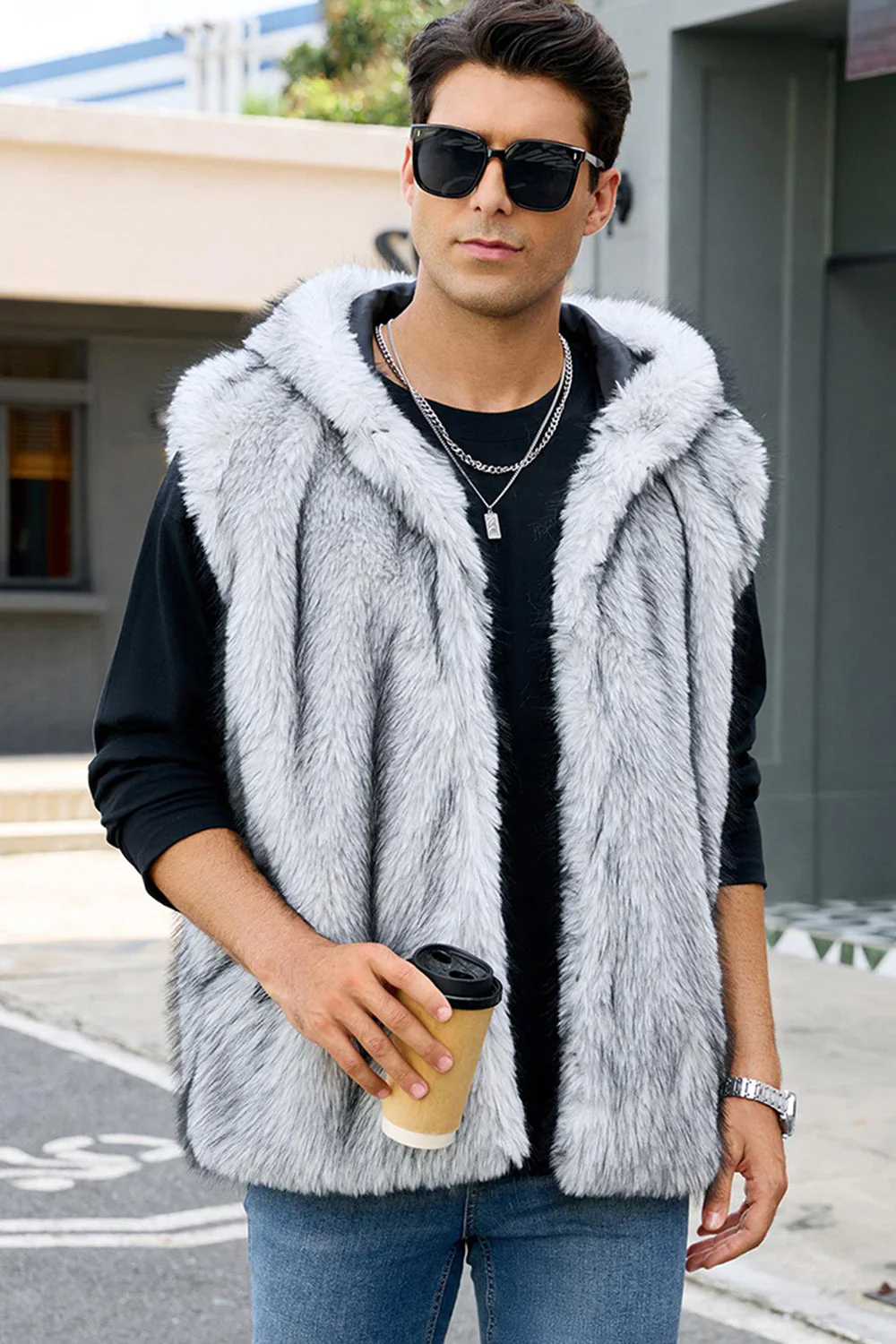 Gilet à capuche en fausse fourrure chameau pour hommes - Image 15