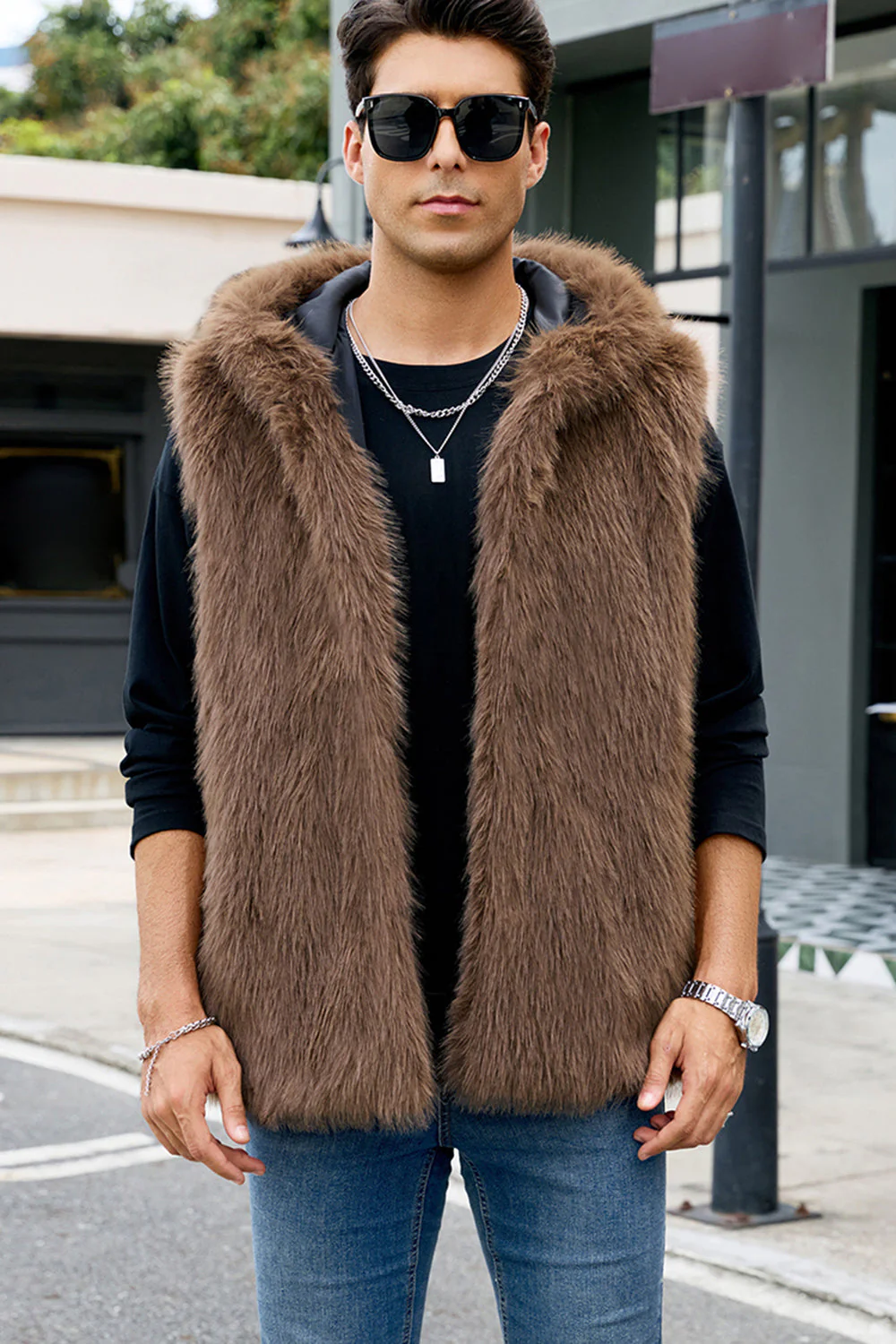 Gilet à capuche en fausse fourrure chameau pour hommes - Image 27