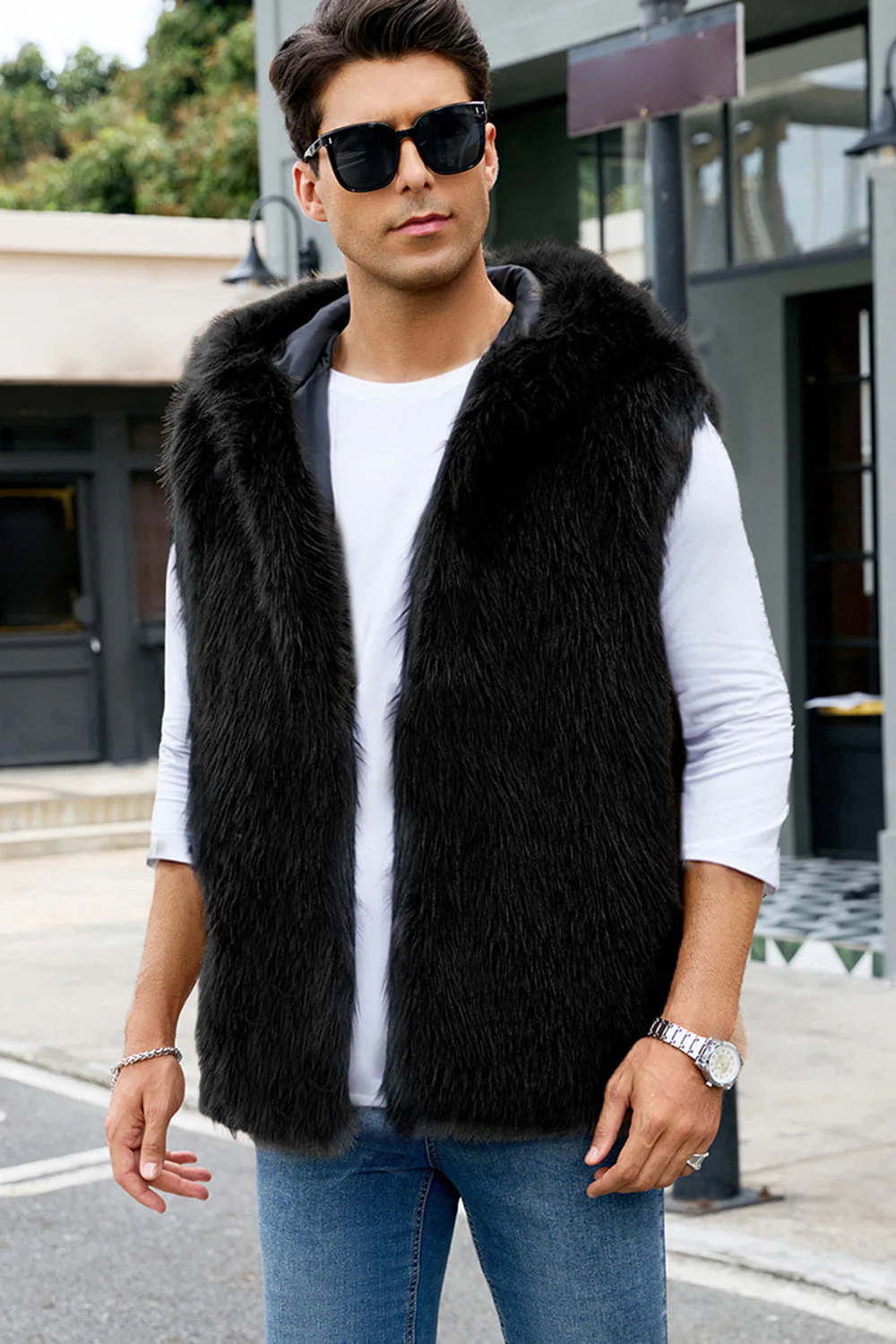 Gilet à capuche en fausse fourrure chameau pour hommes - Image 28