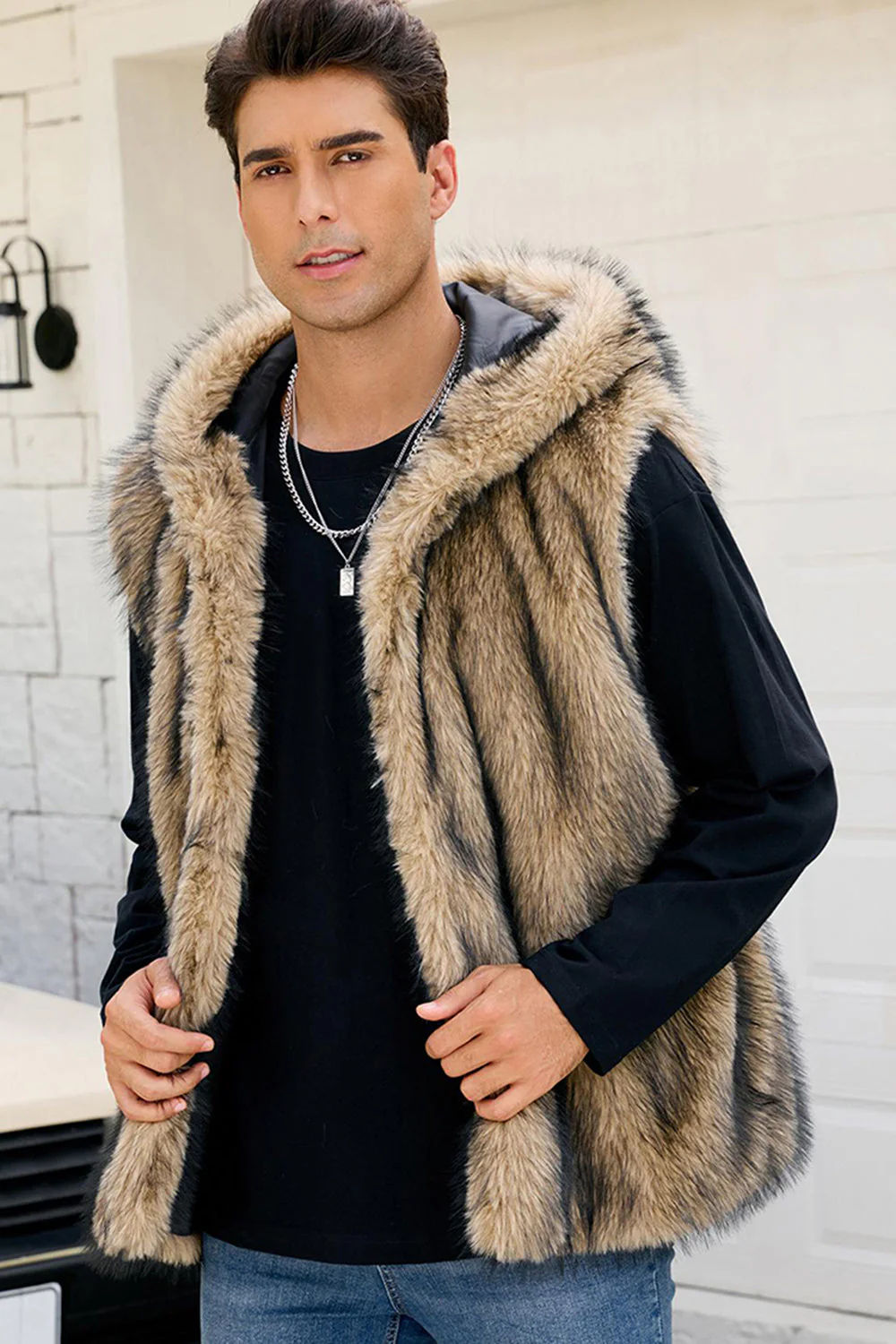 Gilet à capuche en fausse fourrure chameau pour hommes - Image 5