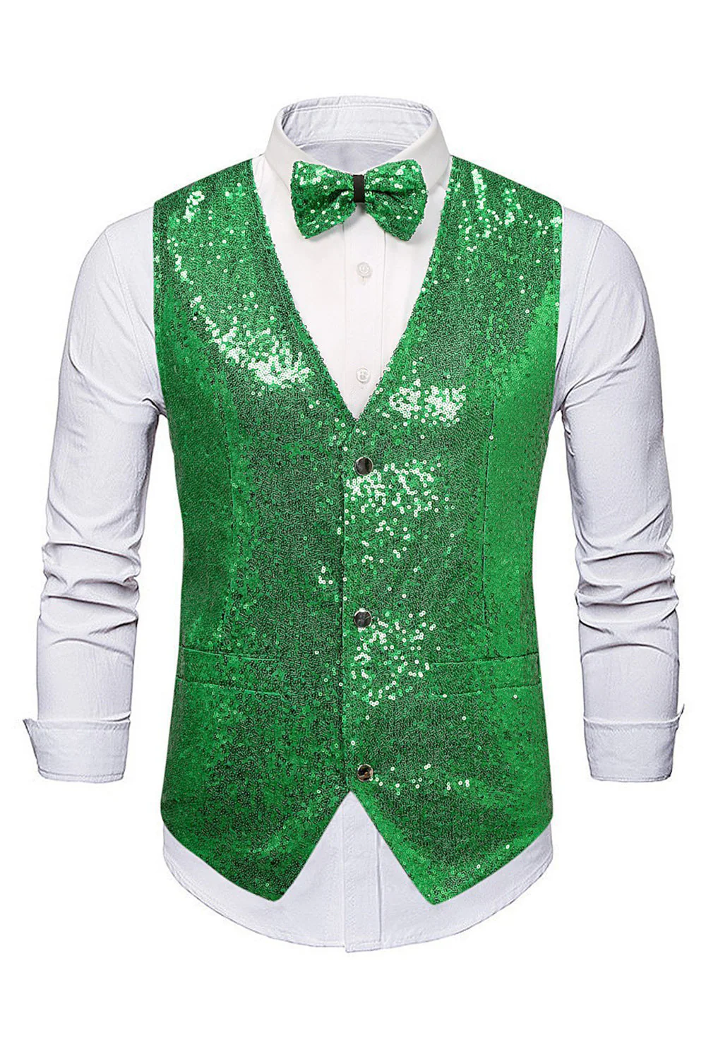 Gilet de costume homme noir à col en V et paillettes simple boutonne - Image 10