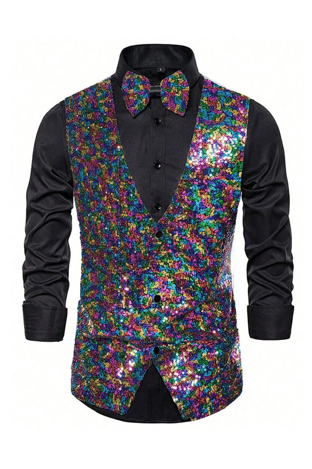 Gilet de costume homme noir à col en V et paillettes simple boutonne - Image 11