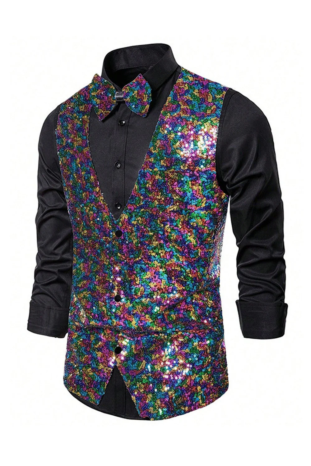 Gilet de costume homme noir à col en V et paillettes simple boutonne - Image 12