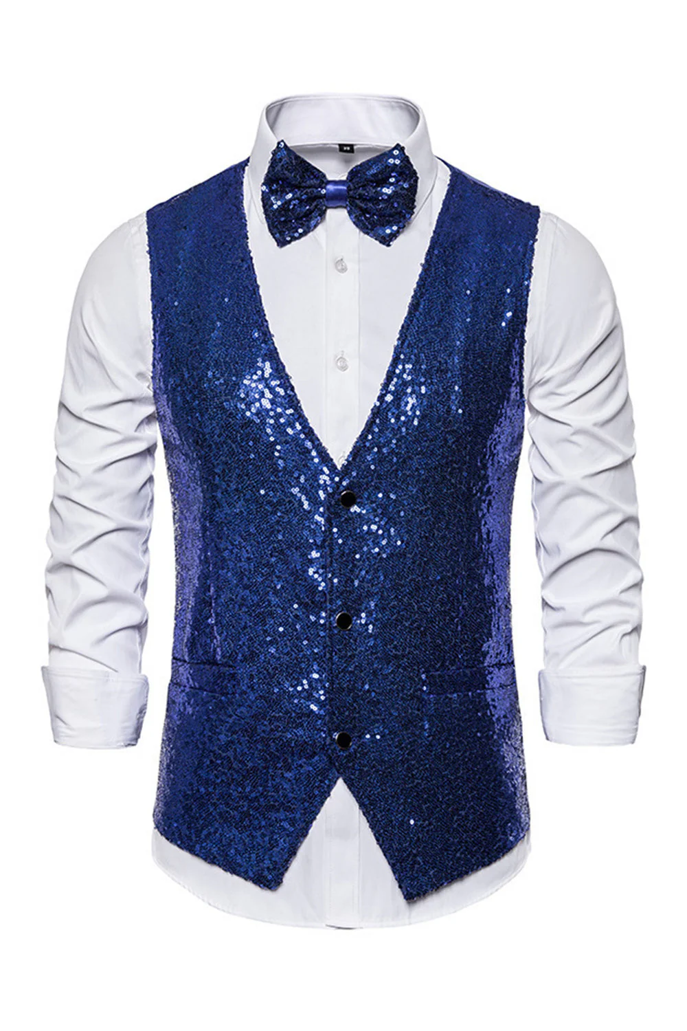 Gilet de costume homme noir à col en V et paillettes simple boutonne - Image 13