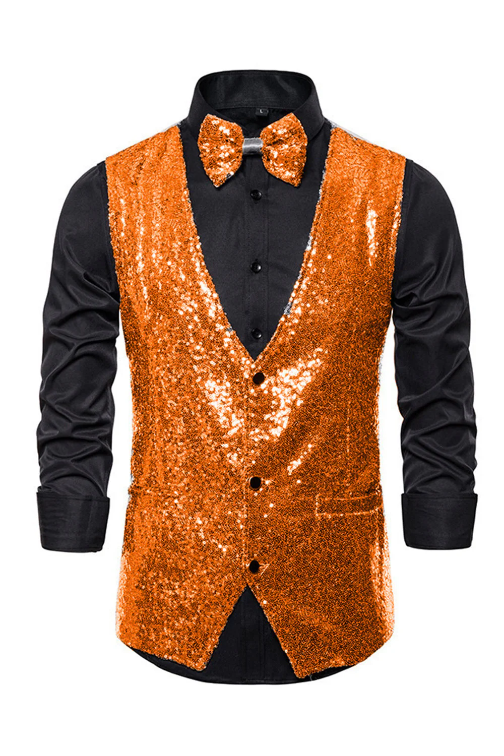 Gilet de costume homme noir à col en V et paillettes simple boutonne - Image 14