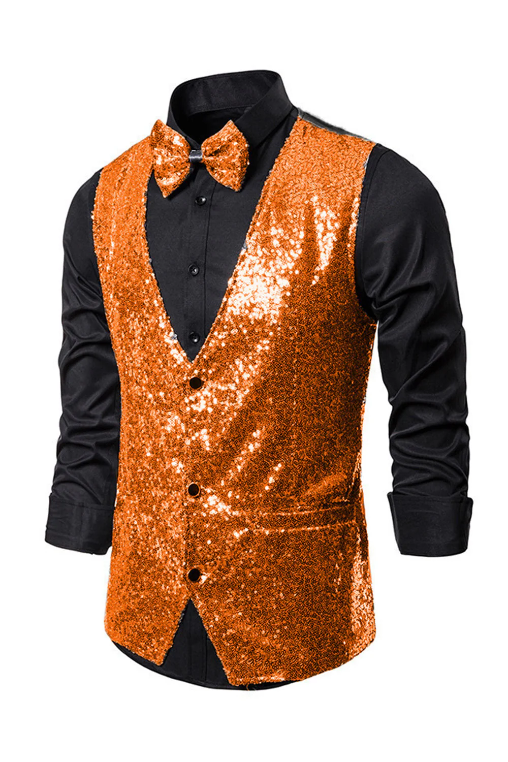 Gilet de costume homme noir à col en V et paillettes simple boutonne - Image 15