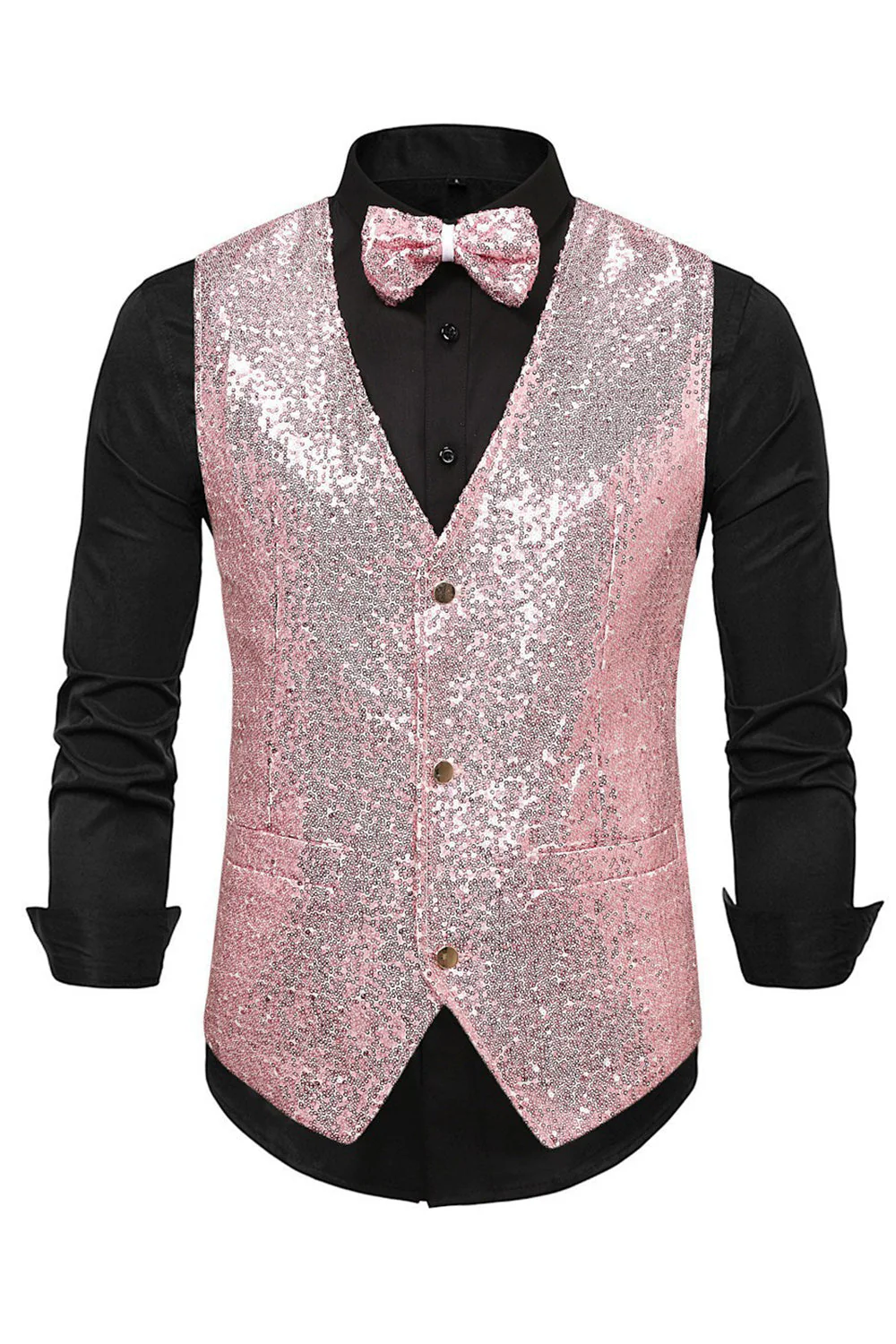 Gilet de costume homme noir à col en V et paillettes simple boutonne - Image 16