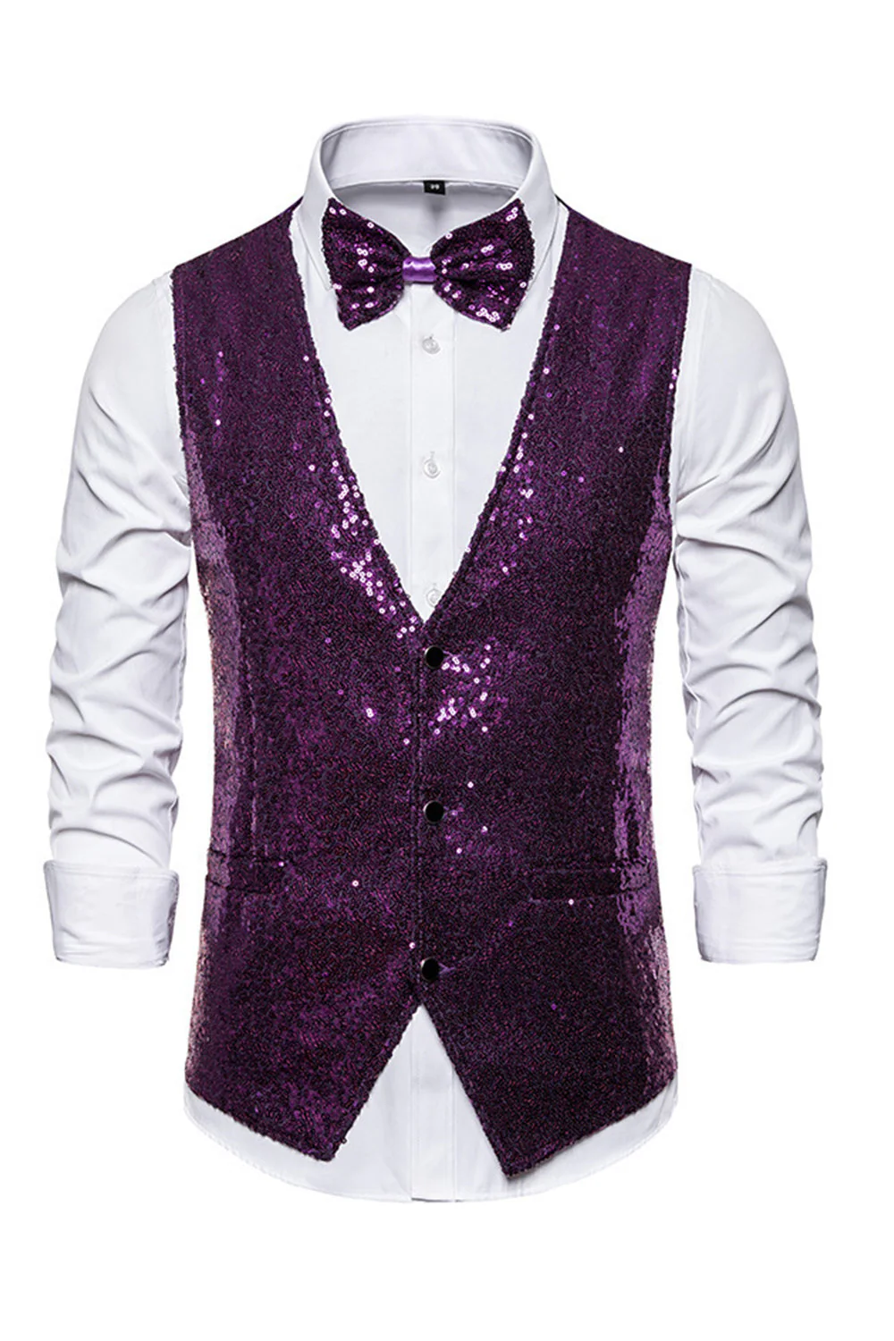 Gilet de costume homme noir à col en V et paillettes simple boutonne - Image 17