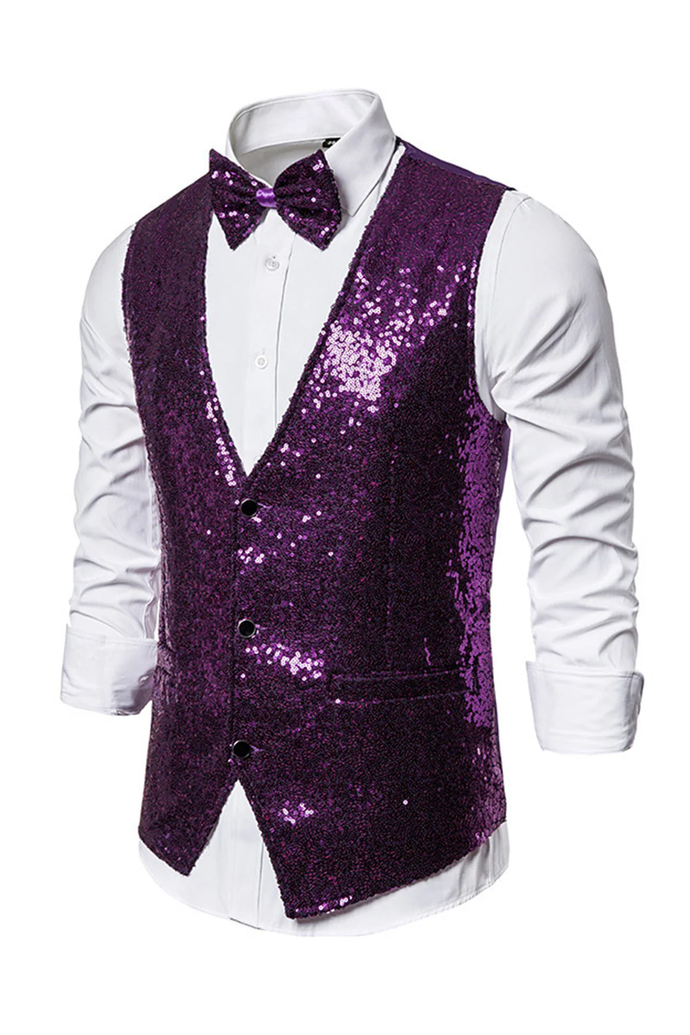 Gilet de costume homme noir à col en V et paillettes simple boutonne - Image 18