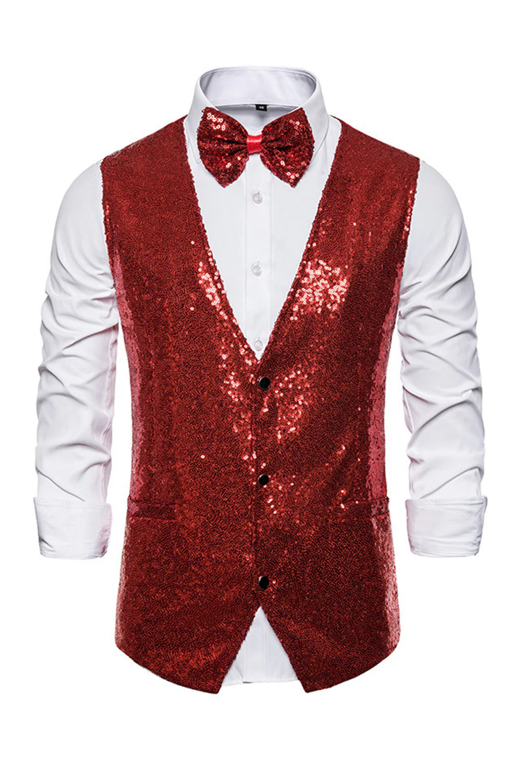 Gilet de costume homme noir à col en V et paillettes simple boutonne - Image 19