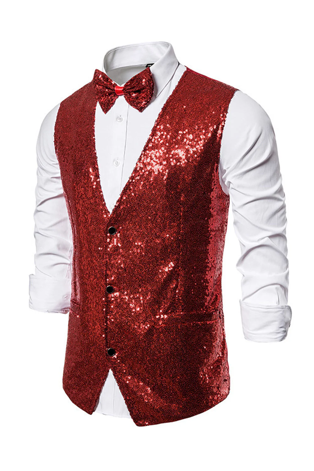 Gilet de costume homme noir à col en V et paillettes simple boutonne - Image 21