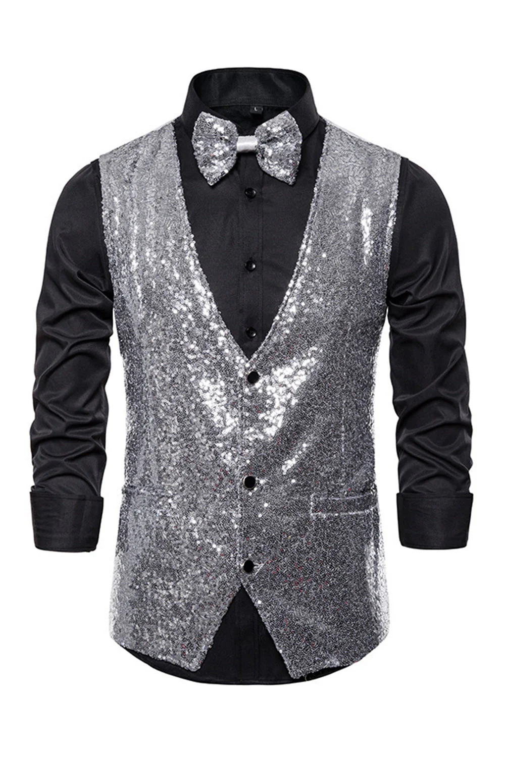 Gilet de costume homme noir à col en V et paillettes simple boutonne - Image 22