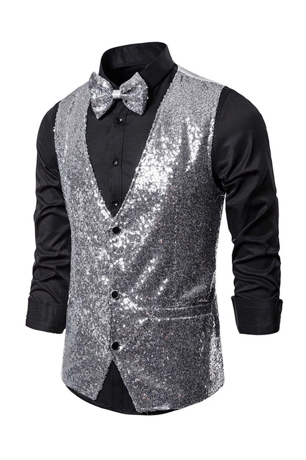 Gilet de costume homme noir à col en V et paillettes simple boutonne - Image 24