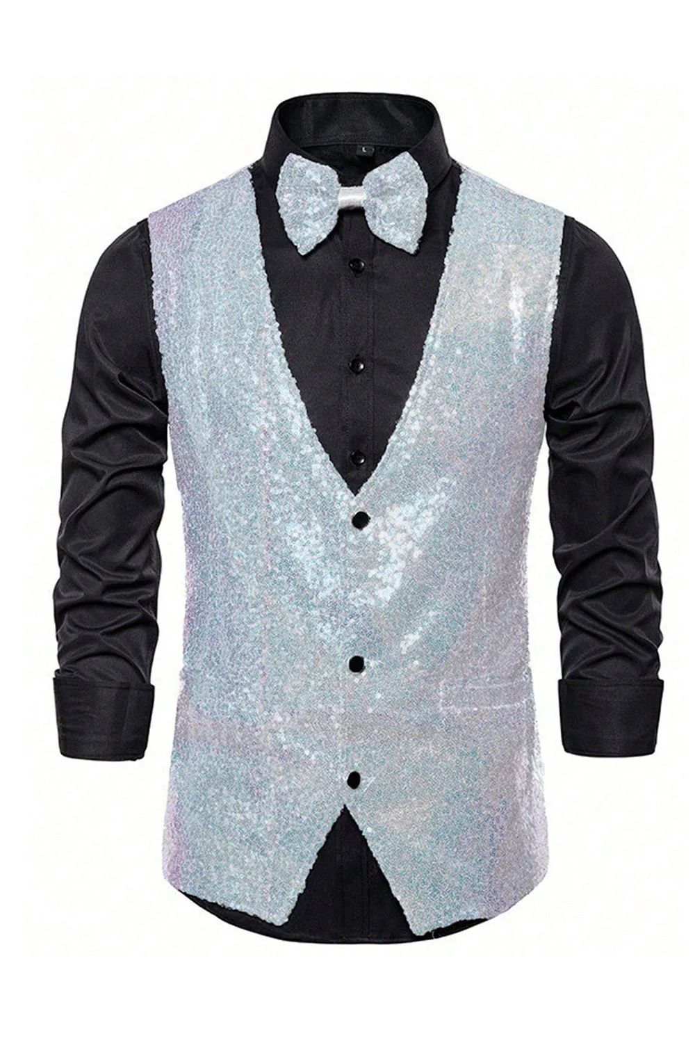 Gilet de costume homme noir à col en V et paillettes simple boutonne - Image 25