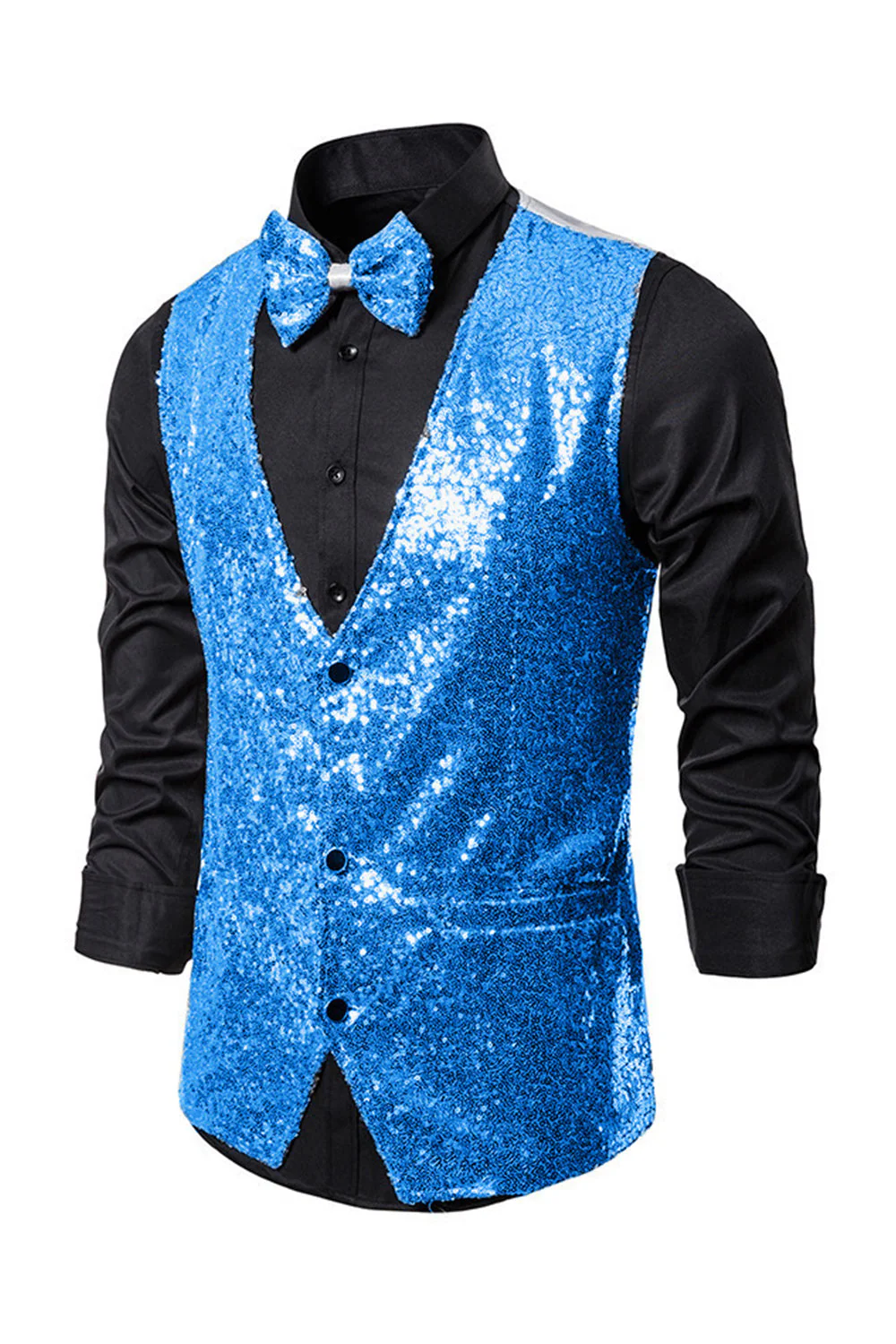 Gilet de costume homme noir à col en V et paillettes simple boutonne - Image 4