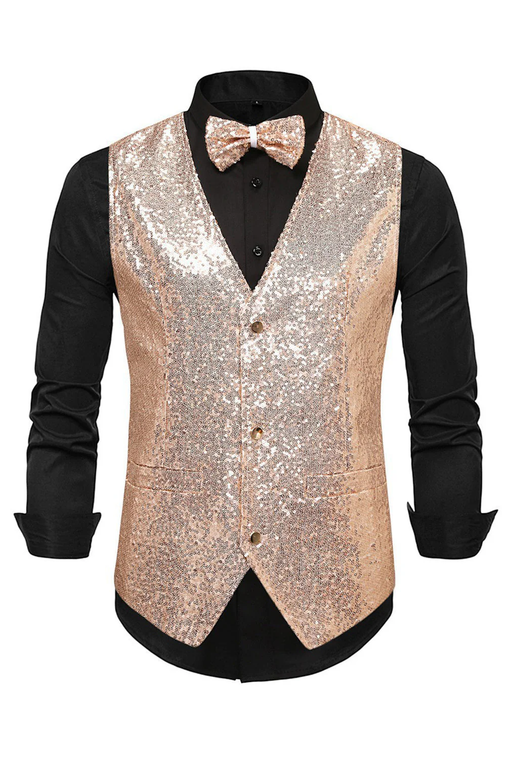 Gilet de costume homme noir à col en V et paillettes simple boutonne - Image 5