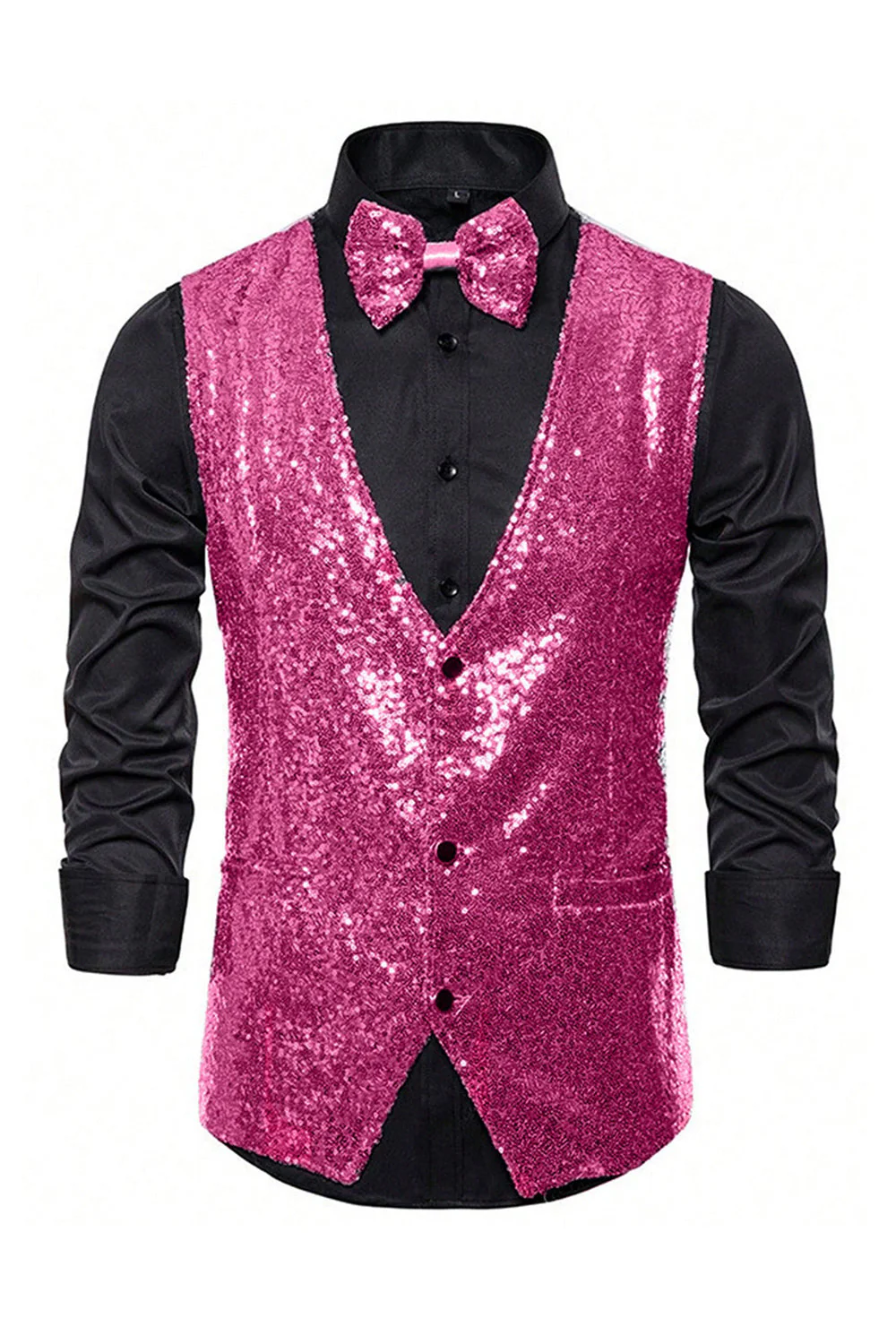 Gilet de costume homme noir à col en V et paillettes simple boutonne - Image 6