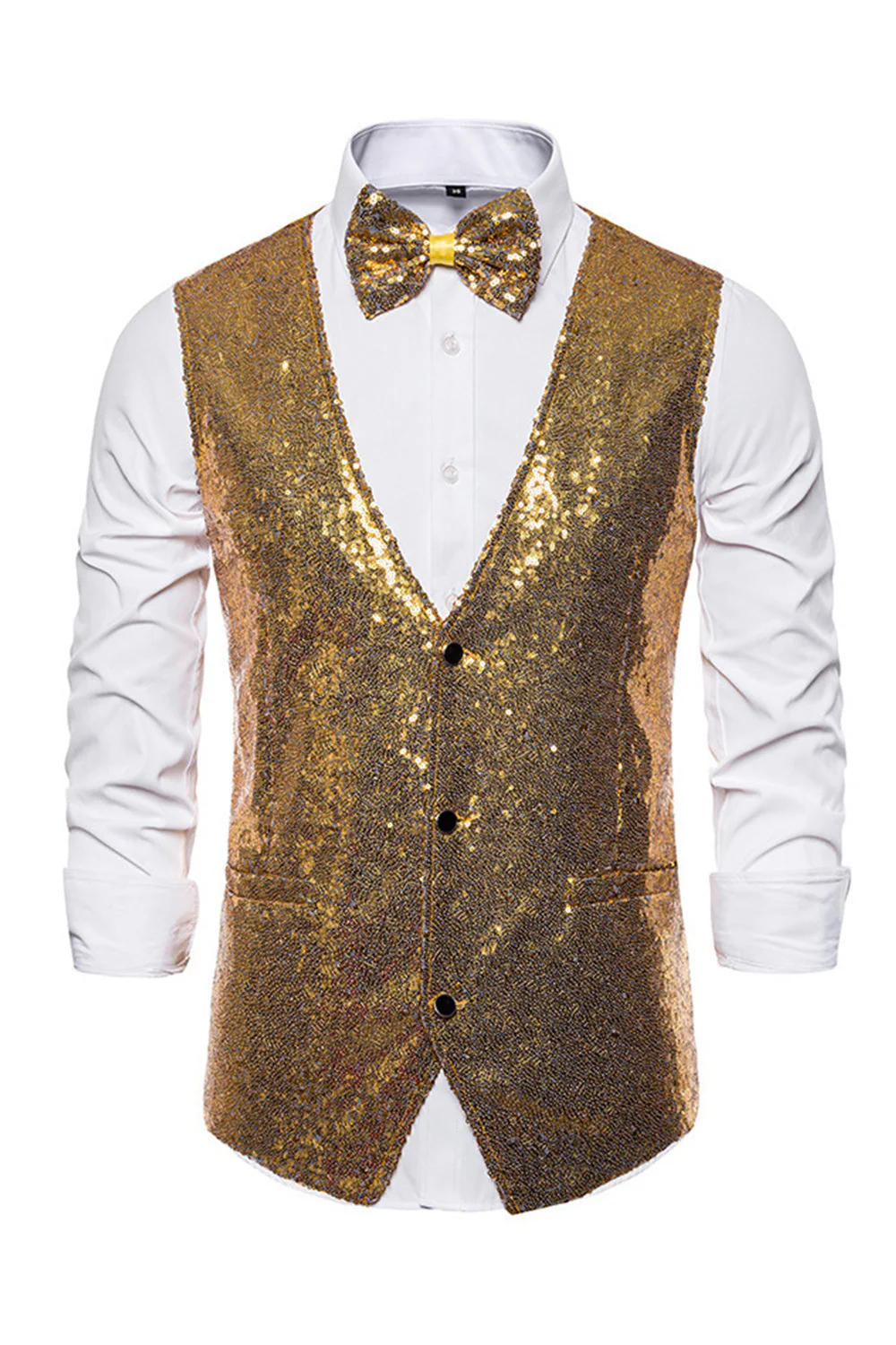 Gilet de costume homme noir à col en V et paillettes simple boutonne - Image 7