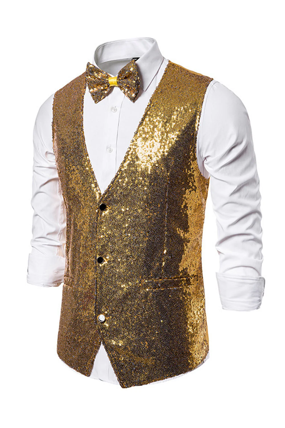 Gilet de costume homme noir à col en V et paillettes simple boutonne - Image 9