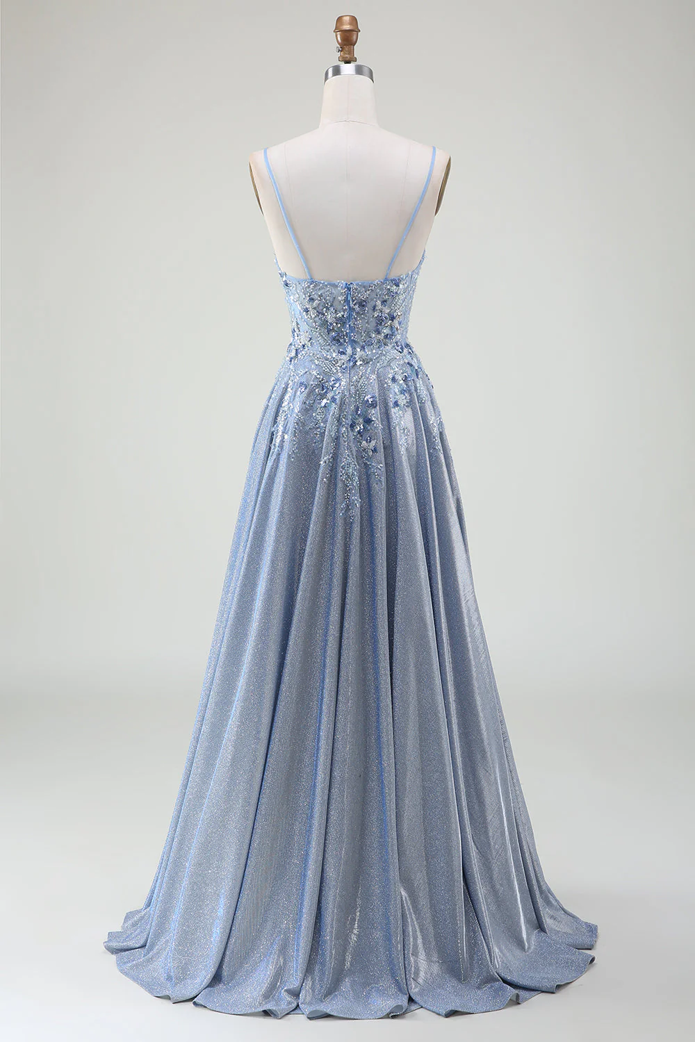 Glitter A-Line Spaghetti Bretelles Gris Bleu Robe de soirée - Image 2