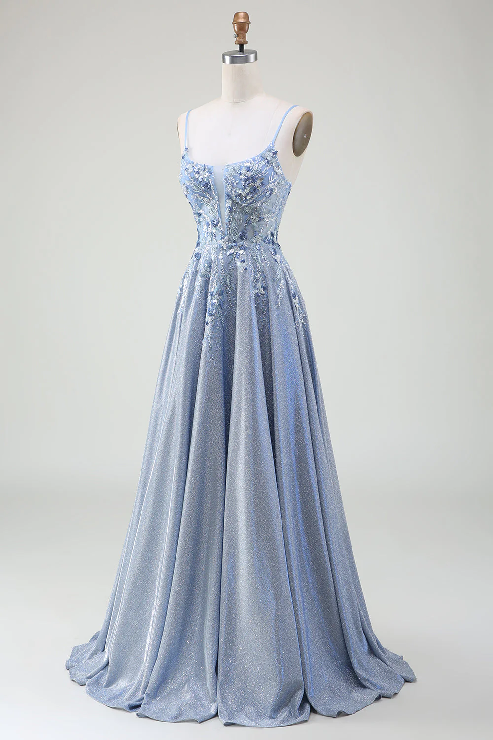 Glitter A-Line Spaghetti Bretelles Gris Bleu Robe de soirée - Image 3