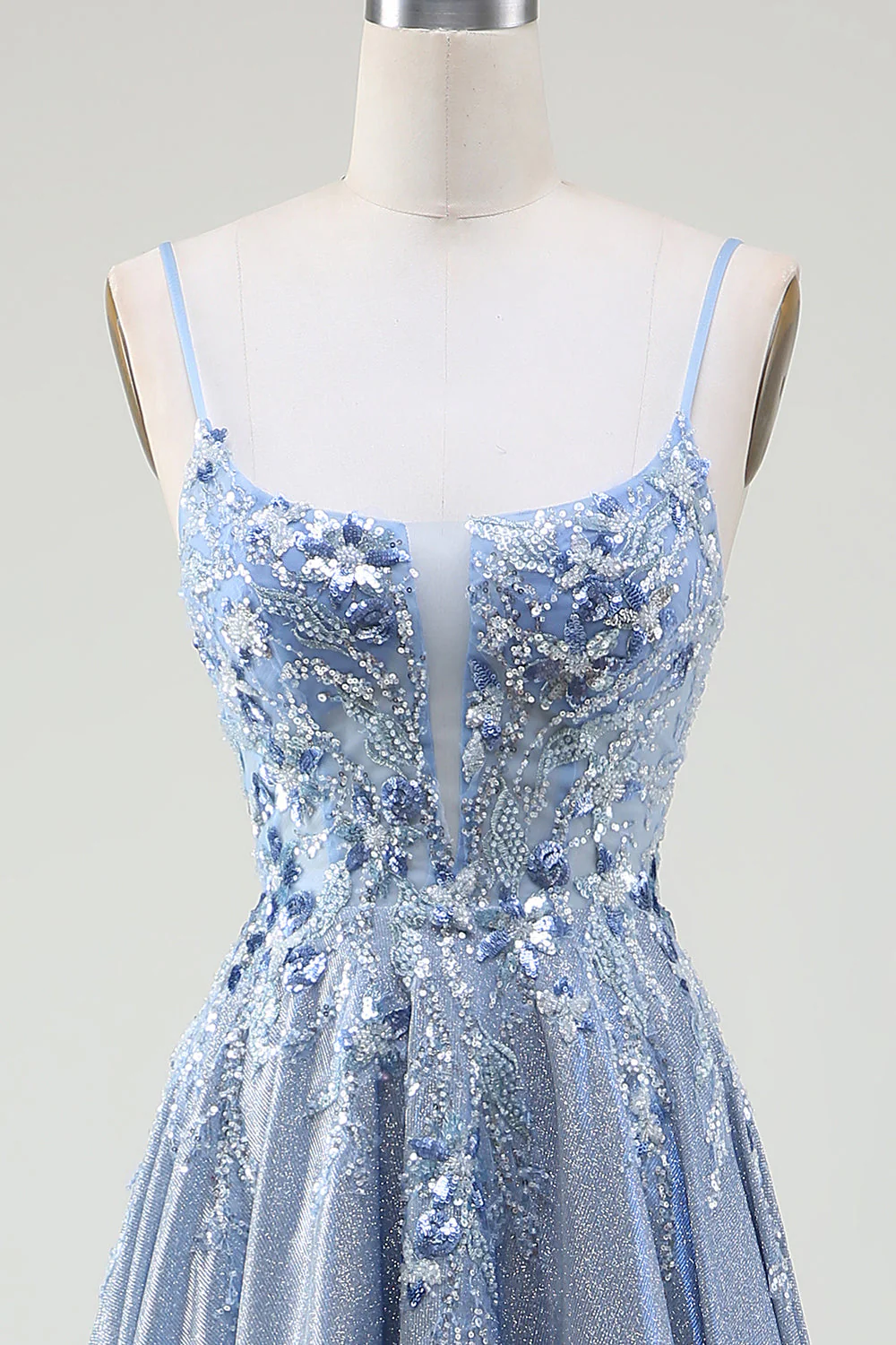 Glitter A-Line Spaghetti Bretelles Gris Bleu Robe de soirée - Image 4
