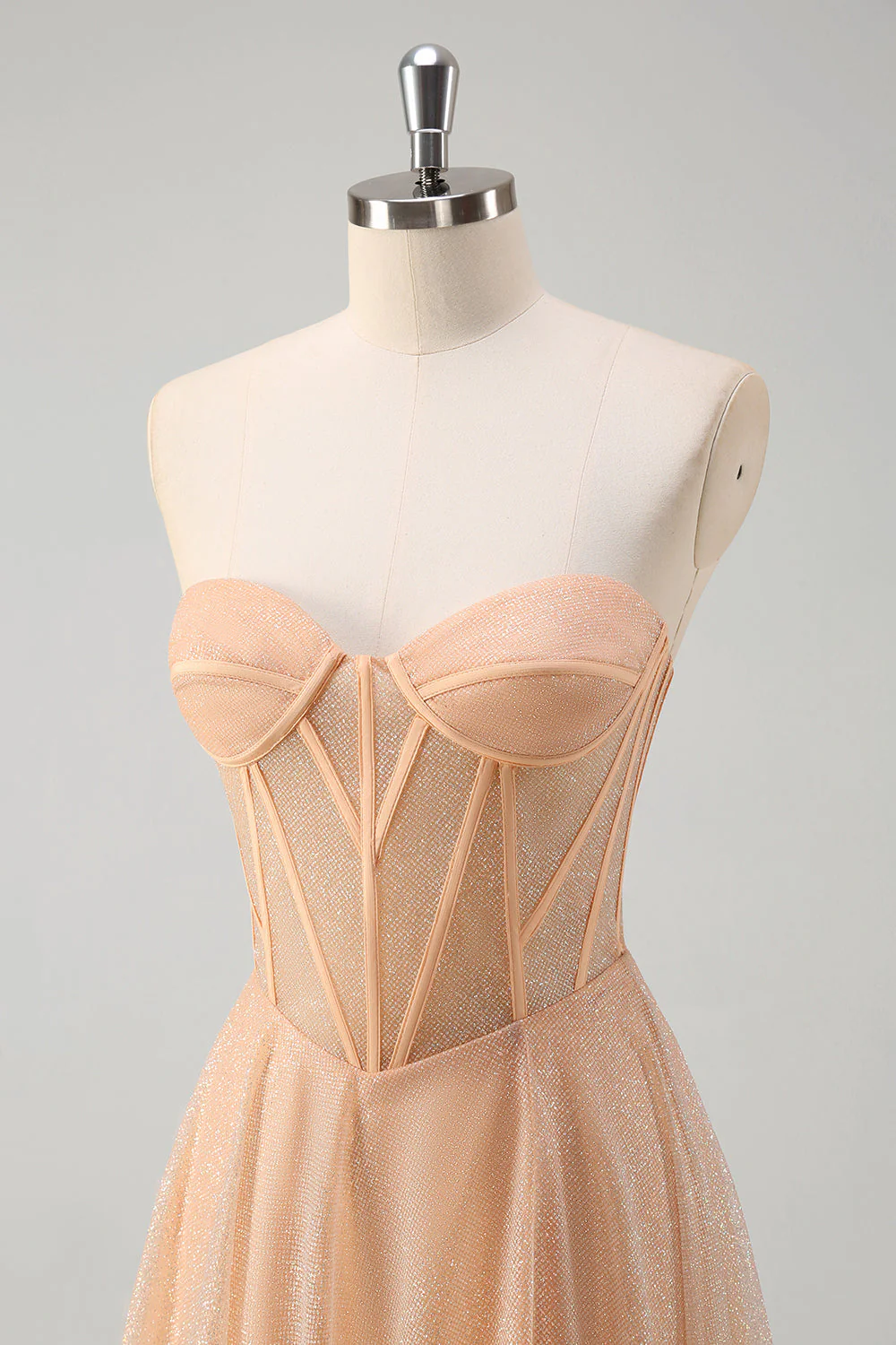Robe de soirée sans bretelles champagne à paillettes avec corset et fente - Image 6