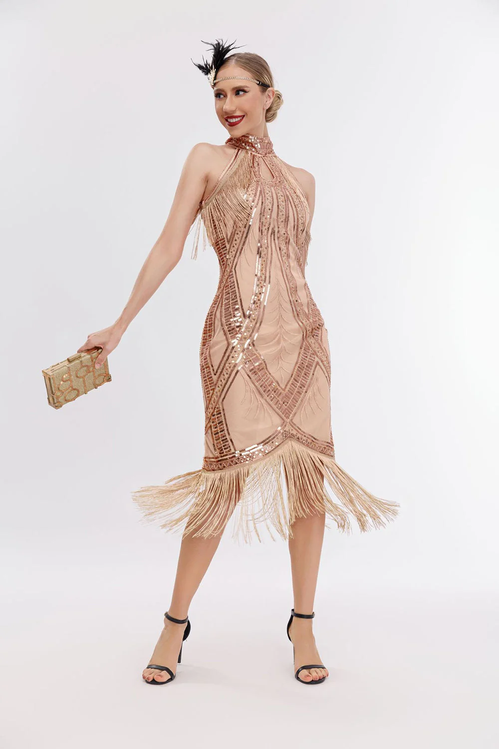 Glitter Halter Fringes Robe Gatsby sans manches