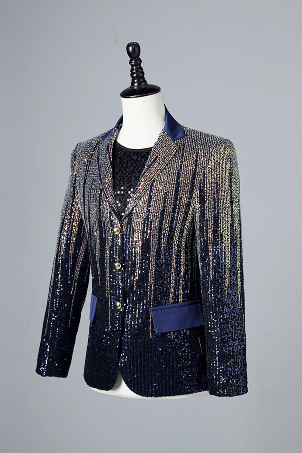 Blazer bleu marine à simple boutonnage pour homme en paillettes - Image 3