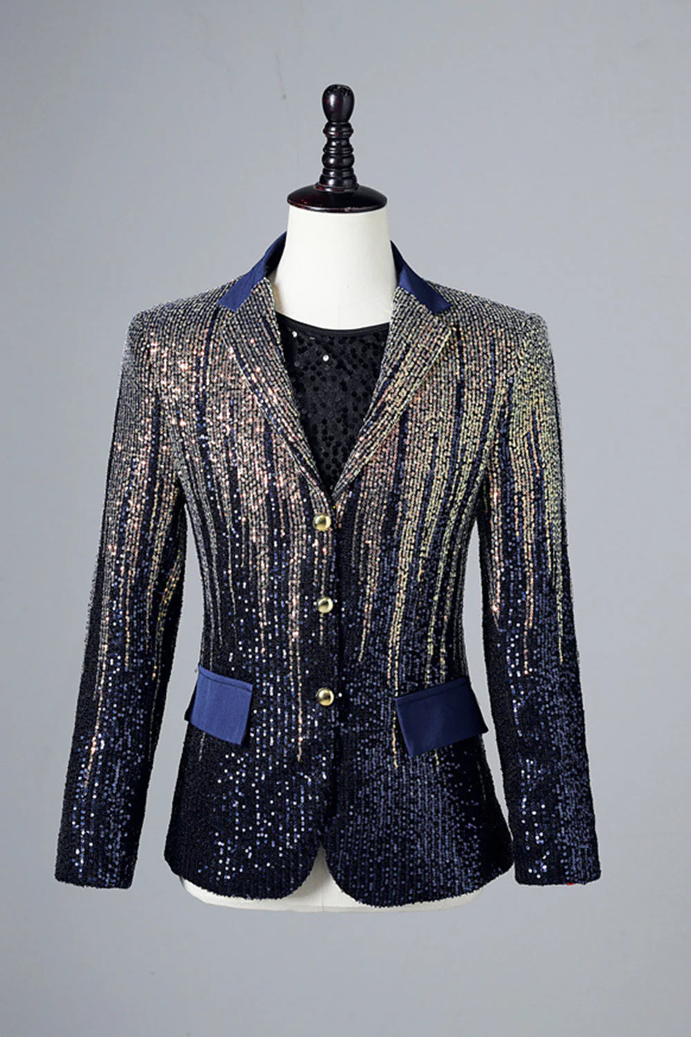 Blazer bleu marine à simple boutonnage pour homme en paillettes - Image 4