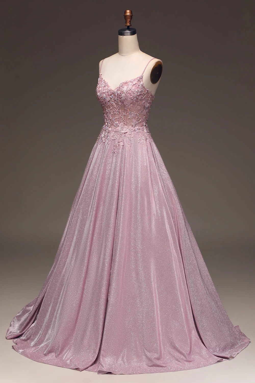 Robe de soirée blush à bretelles fines pailletée avec perles - Image 5