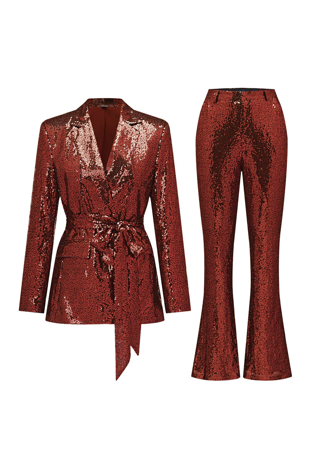 Paillettes vertes scintillantes à revers cranté femmes costumes avec ceinture - Image 16