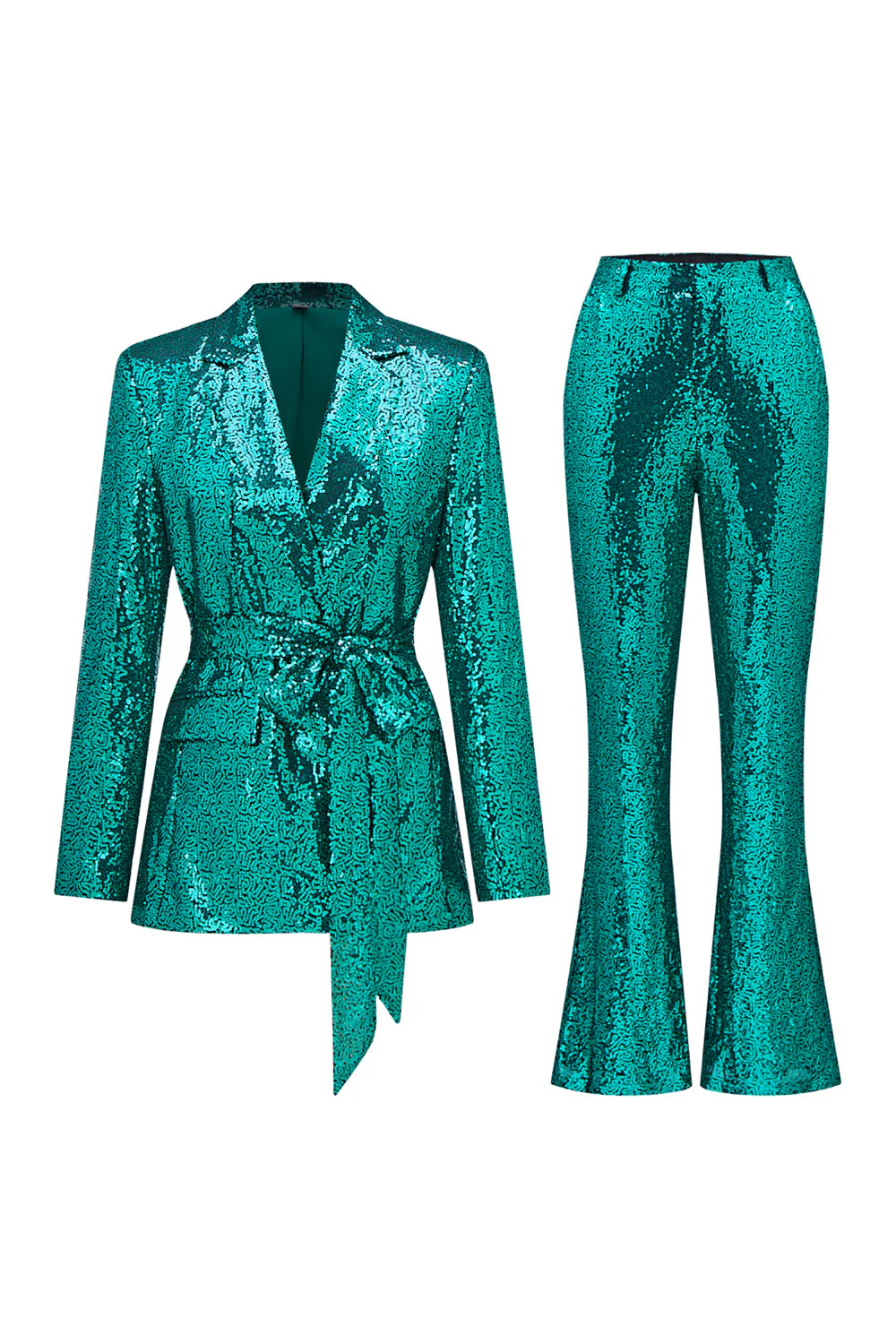 Costume pour femme vert scintillant à paillettes avec revers cranté et ceinture - Image 4