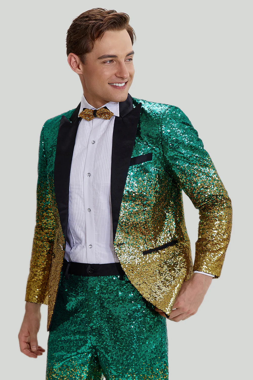 Or Vert Homme 2 Pièces Revers Crachés Paillettes Costumes - Image 4
