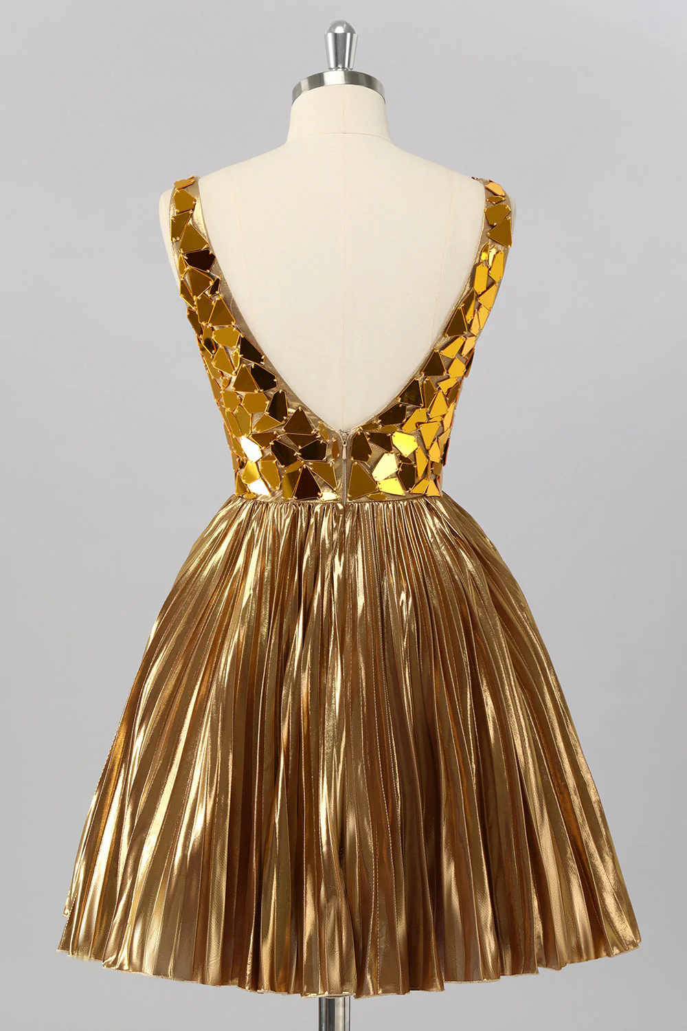 Robe de cocktail courte métallisée dorée effet miroir - Image 2