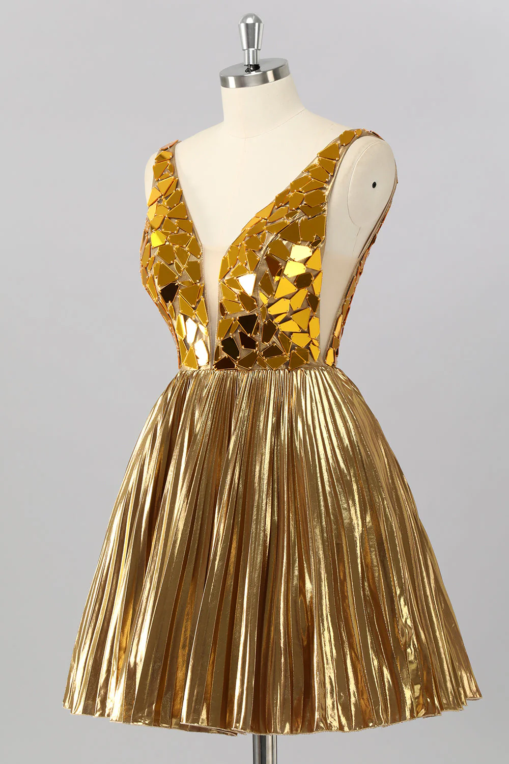 Robe de cocktail courte métallisée dorée effet miroir - Image 3