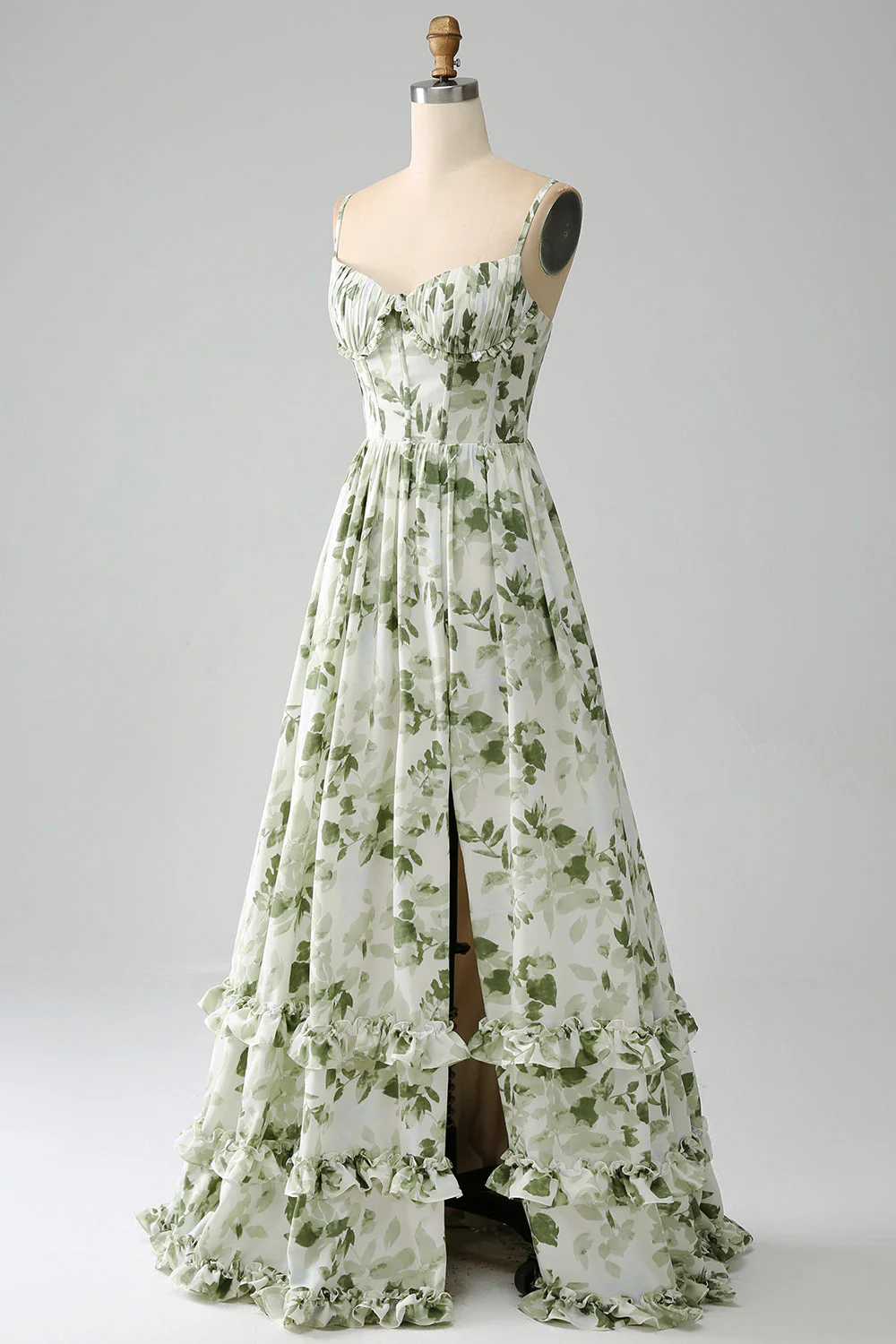 Robe de Soirée longue plissée verte à bretelles spaghetti imprimée avec fente - Image 3