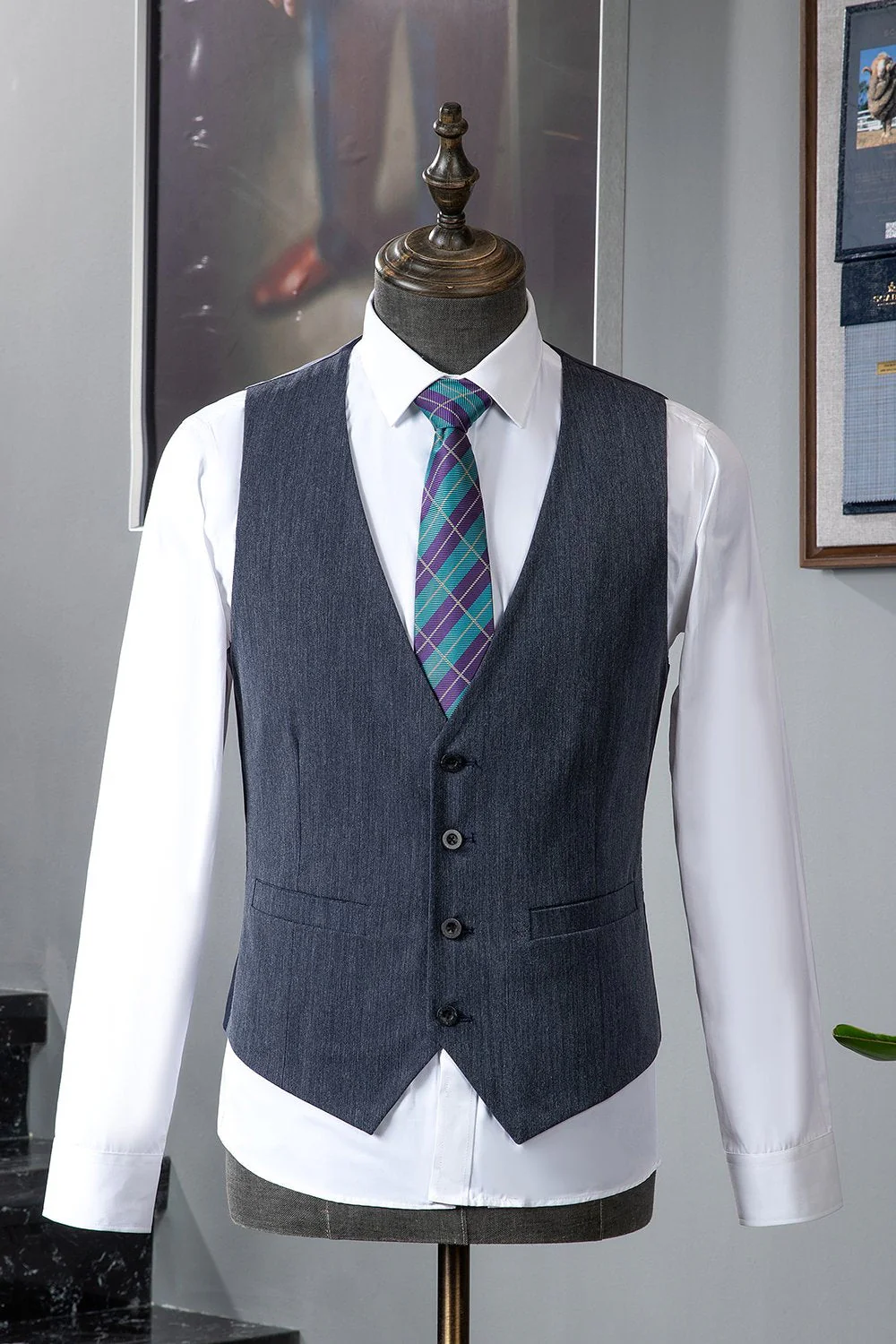 Grey Blue Notched Lapel Classic 3 pièces costume pour homme - Image 4