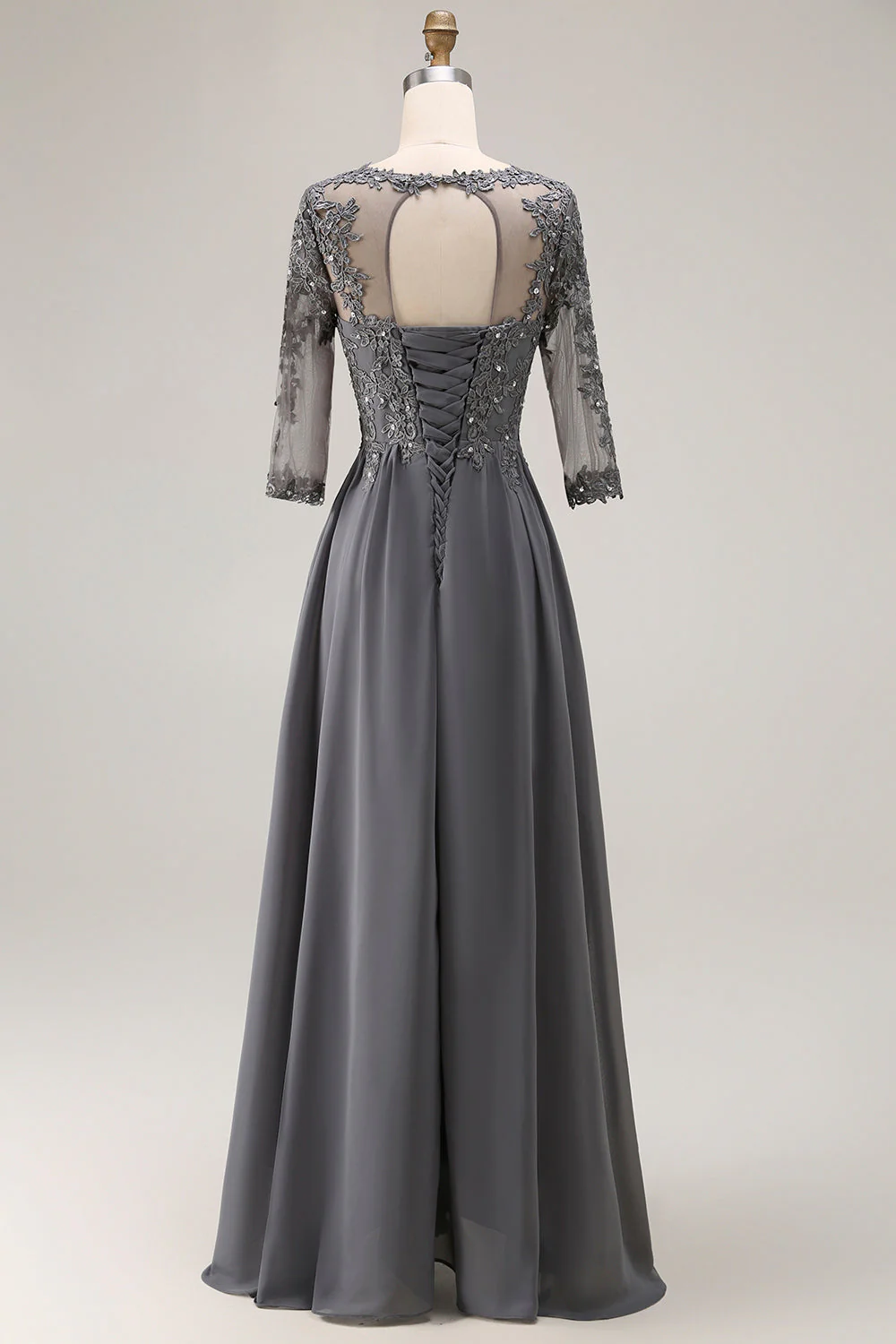 Gris acier Appliqué Une Ligne Plissé Perlé Mère De La Mariée Robe Avec Demi-Manches - Image 2