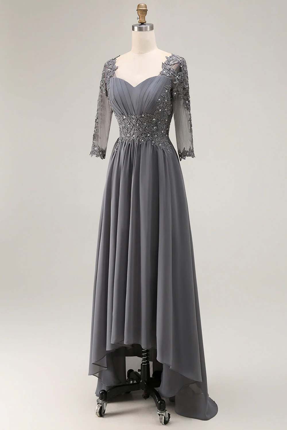 Gris acier Appliqué Une Ligne Plissé Perlé Mère De La Mariée Robe Avec Demi-Manches - Image 3