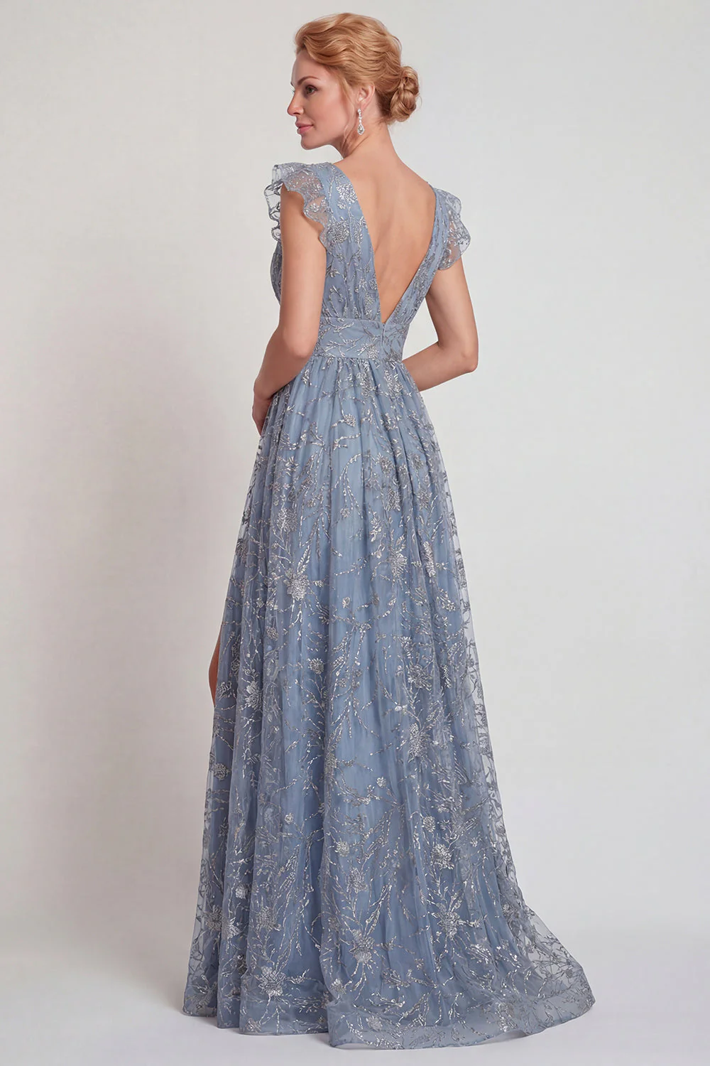 Gris-bleu à encolure appliquée en V : Ligne A Robe de la mère de la mariée avec fente - Image 2
