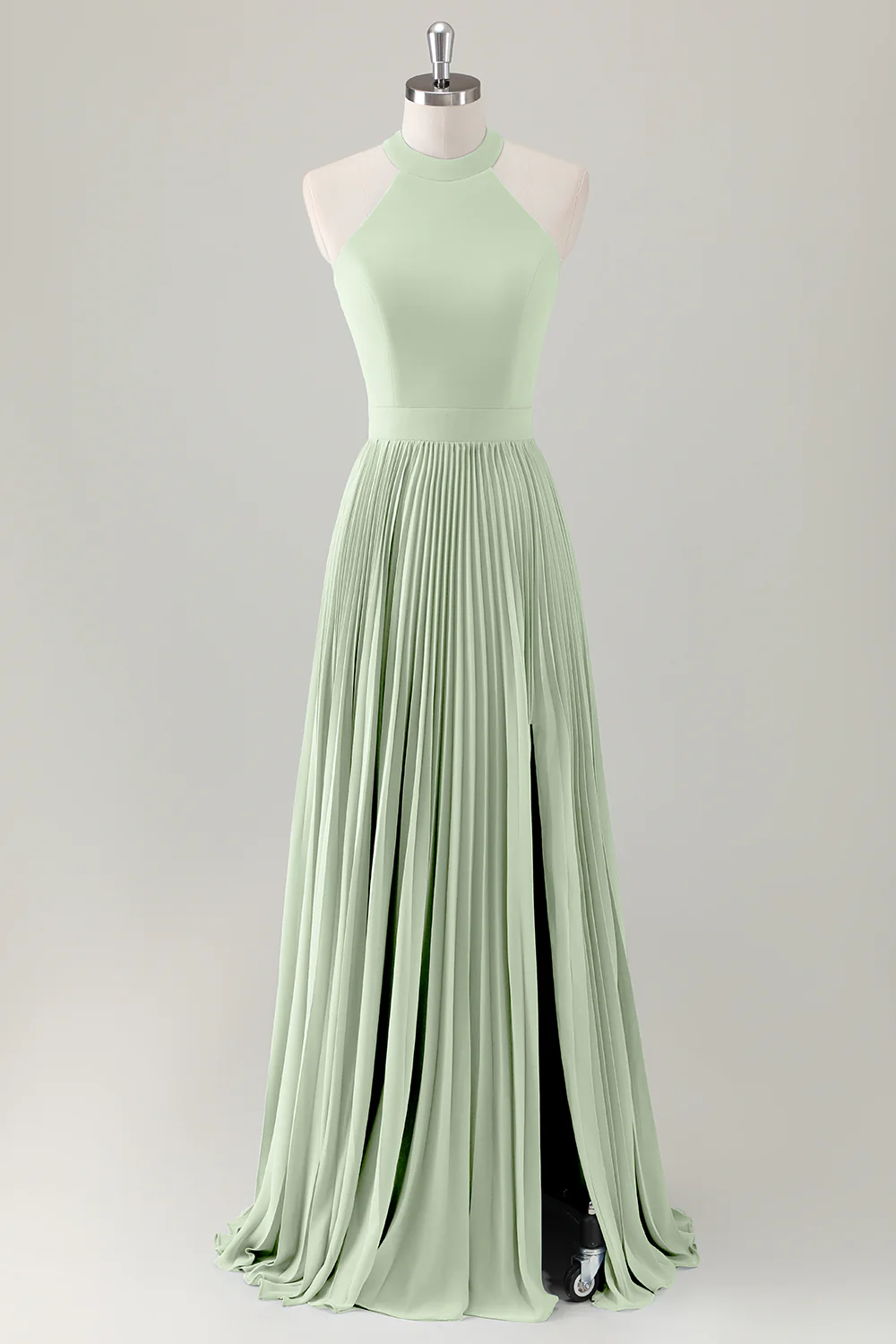 Gris Bleu A-ligne Licou Longue Robe de demoiselle d’honneur avec fente - Image 15
