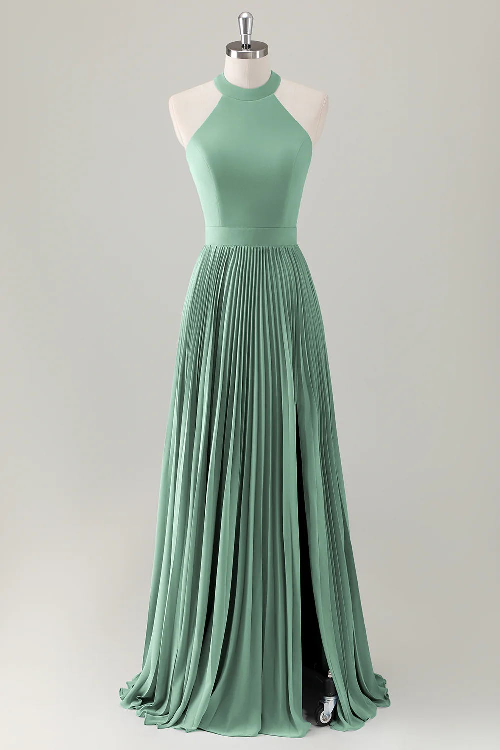 Gris Bleu A-ligne Licou Longue Robe de demoiselle d’honneur avec fente - Image 17