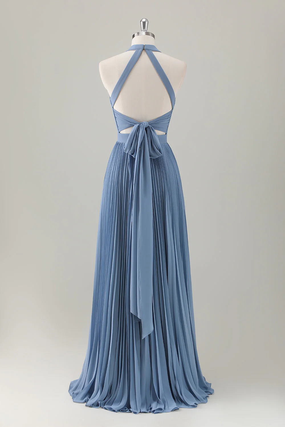 Gris Bleu A-ligne Licou Longue Robe de demoiselle d’honneur avec fente - Image 2