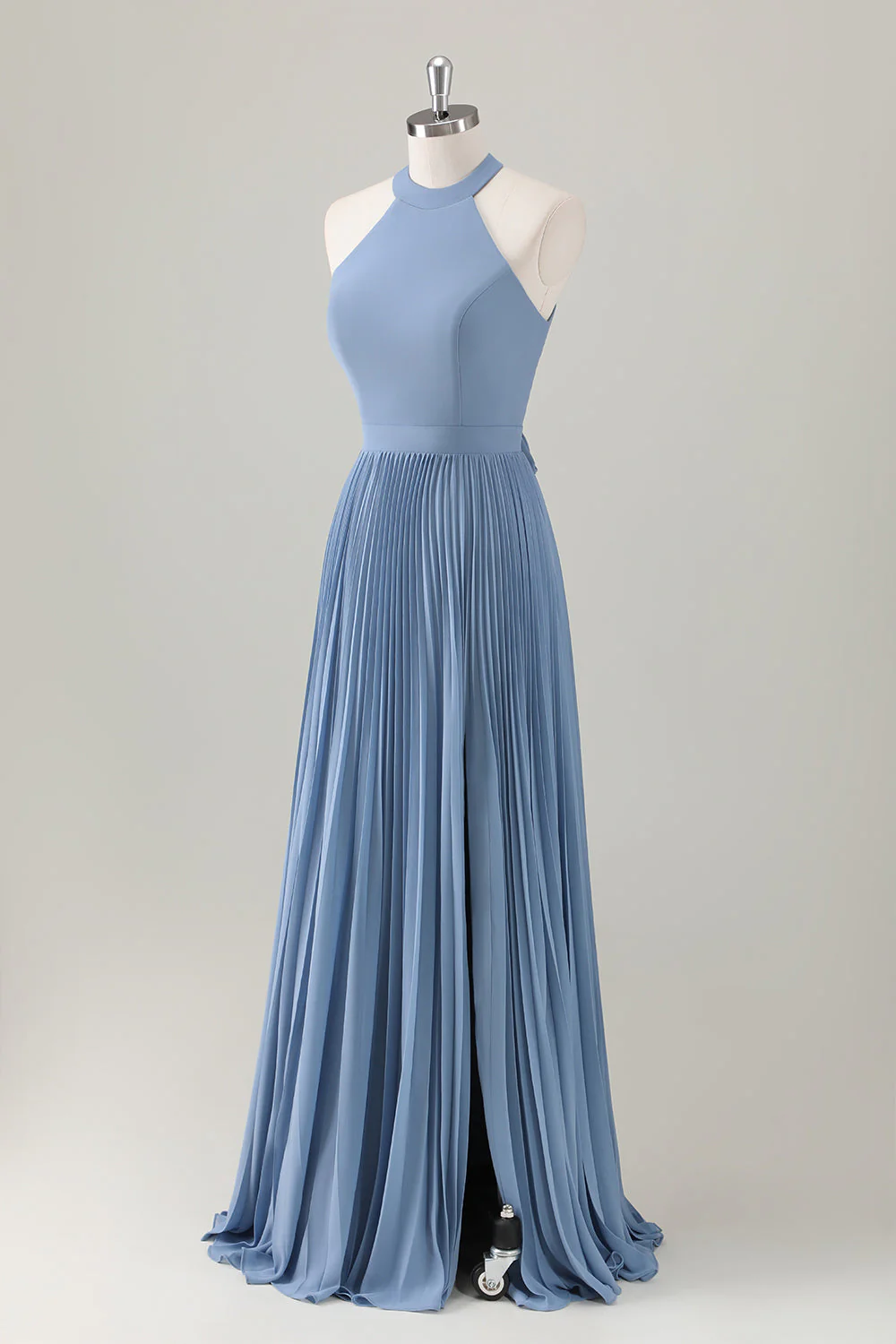 Gris Bleu A-ligne Licou Longue Robe de demoiselle d’honneur avec fente - Image 3